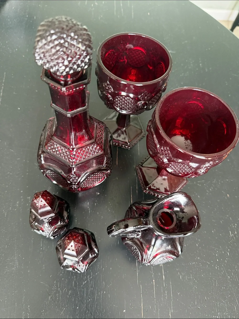 Vintage Ruby Red Glass Decanter and Goblet Set